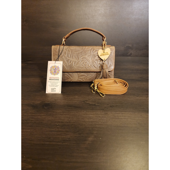 Hazelnut Brown Sunflower Embossed Tooled Artisan LEATHER Crossbody Handbag Purse - Picture 3 of 14